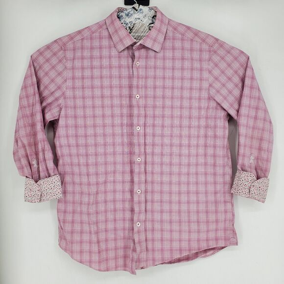 Bugatchi Button Up Shirt Mens Large 17 1/2 34 35 Pink Plaid Flip Cuffs Preppy - Picture 1 of 12